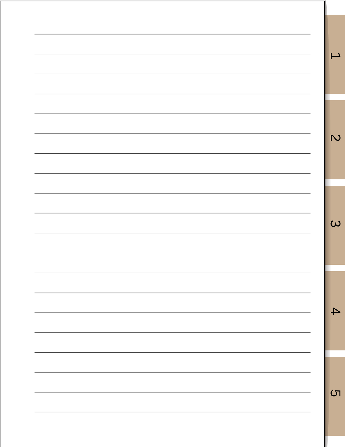 Lined paper with a vertical brown tabs labeled 1-5 on the right sided
