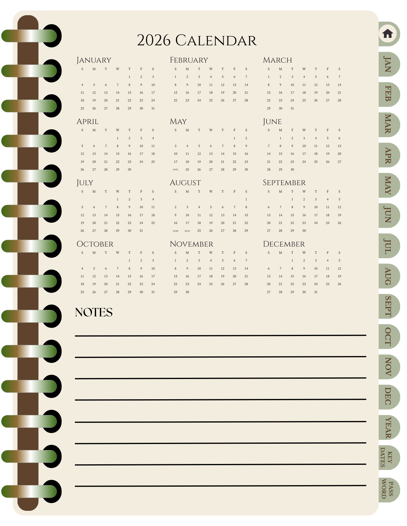 2026 Yearly calender with note section on the bottom