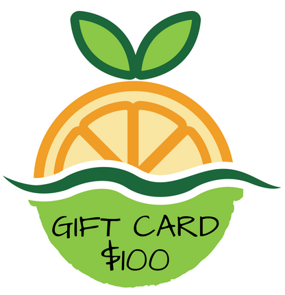 $ 100 Gift card with Logo design with a half bath bomb and half sliced orange and green leaves on a white background