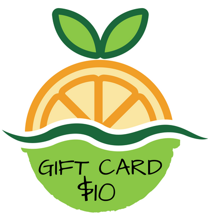 $ 10 Gift card with Logo design with a half bath bomb and half sliced orange and green leaves on a white background