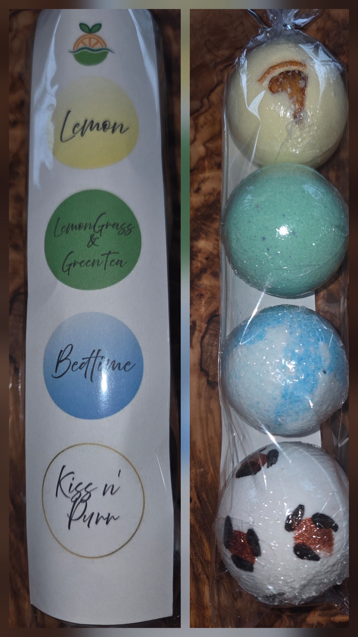 Packaging of 4 small bath bombs with scents listed: Lemon, Lemongrass & Green Tea,, Bedtime, Kiss n Purr  fragrances 