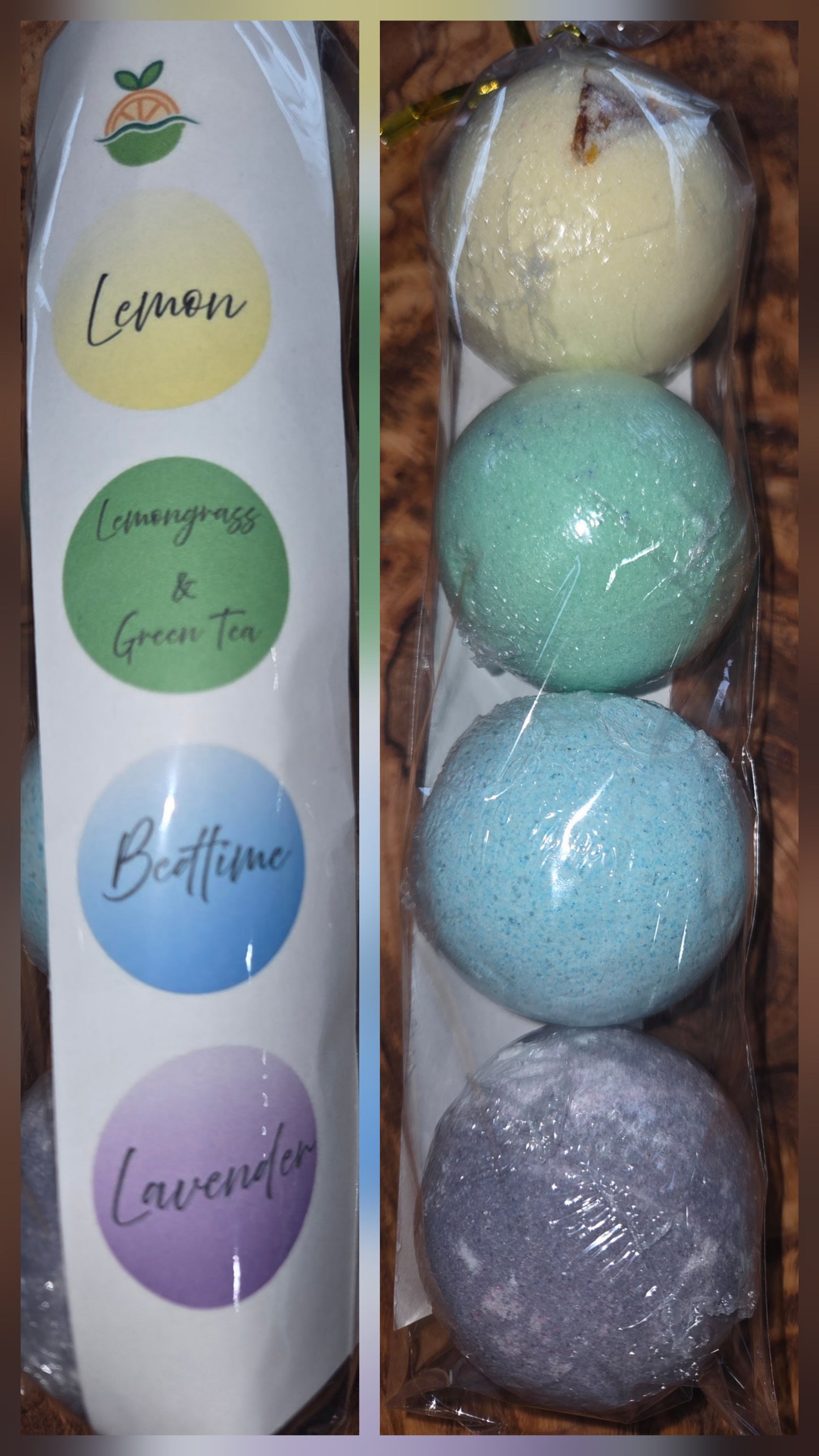 Packaging of 4 small bath bombs with scents listed: lemon, Lavender, lemongrass and green Tea, Bedtime fragrances 