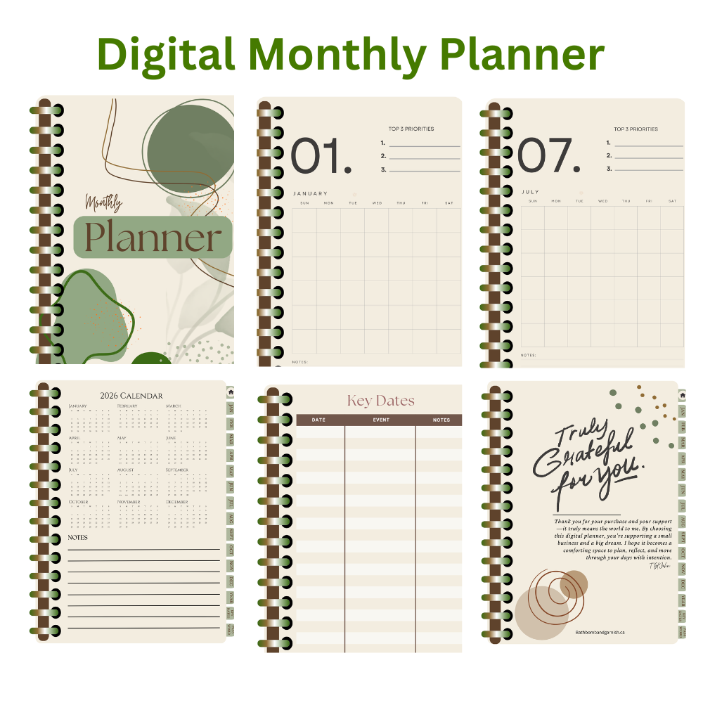 Digital monthly planner with various pages on a white background