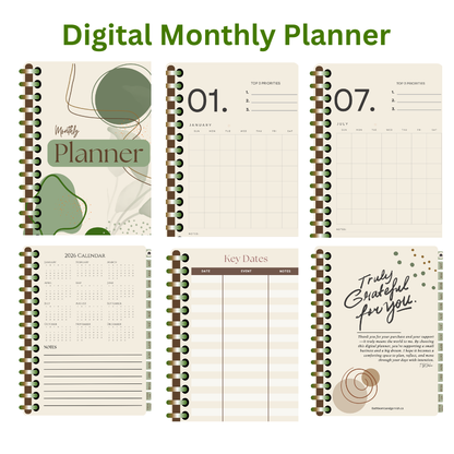 Digital monthly planner with various pages on a white background