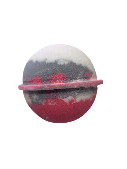 Bath bomb with brighter pink, grey purple, and white colors on a white background. Blackraspberry Vanilla scent