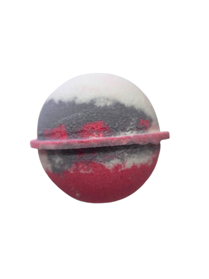 Bath bomb with brighter pink, grey purple, and white colors on a white background. Blackraspberry Vanilla scent