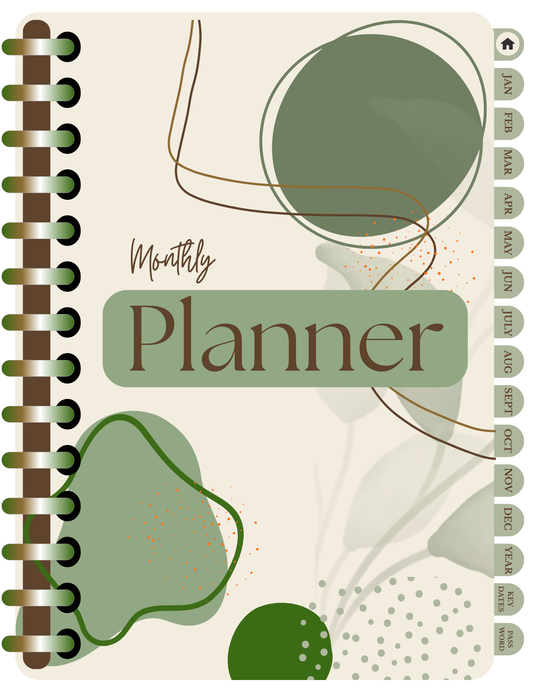 Monthly planner with green abstract designs on a beige background. Digital Planner with Hyperlinks for the months