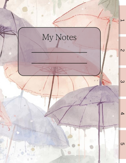 Notebook cover with 'My Notes' label and colorful umbrellas design
