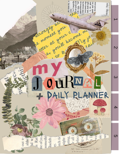 Collage-style cover of a journal and daily planner with text and decorative elements. For Digital planner