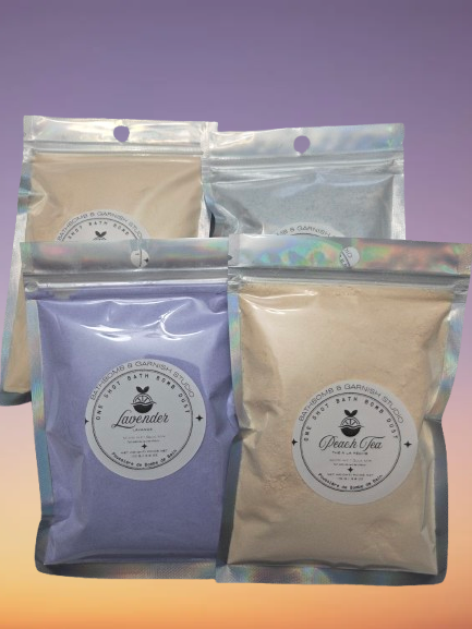 Bathbomb Dust packaged in mylar bags 110 grams each in a variety of scents. (pictures shows 4 different packages , 4 different scents)