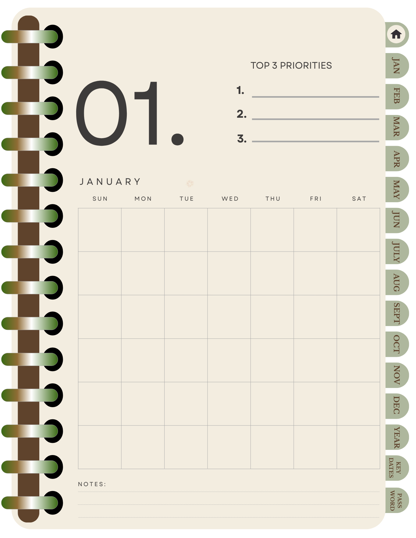 January calendar planner with top three priorities section on a beige background