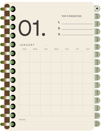 January calendar planner with top three priorities section on a beige background