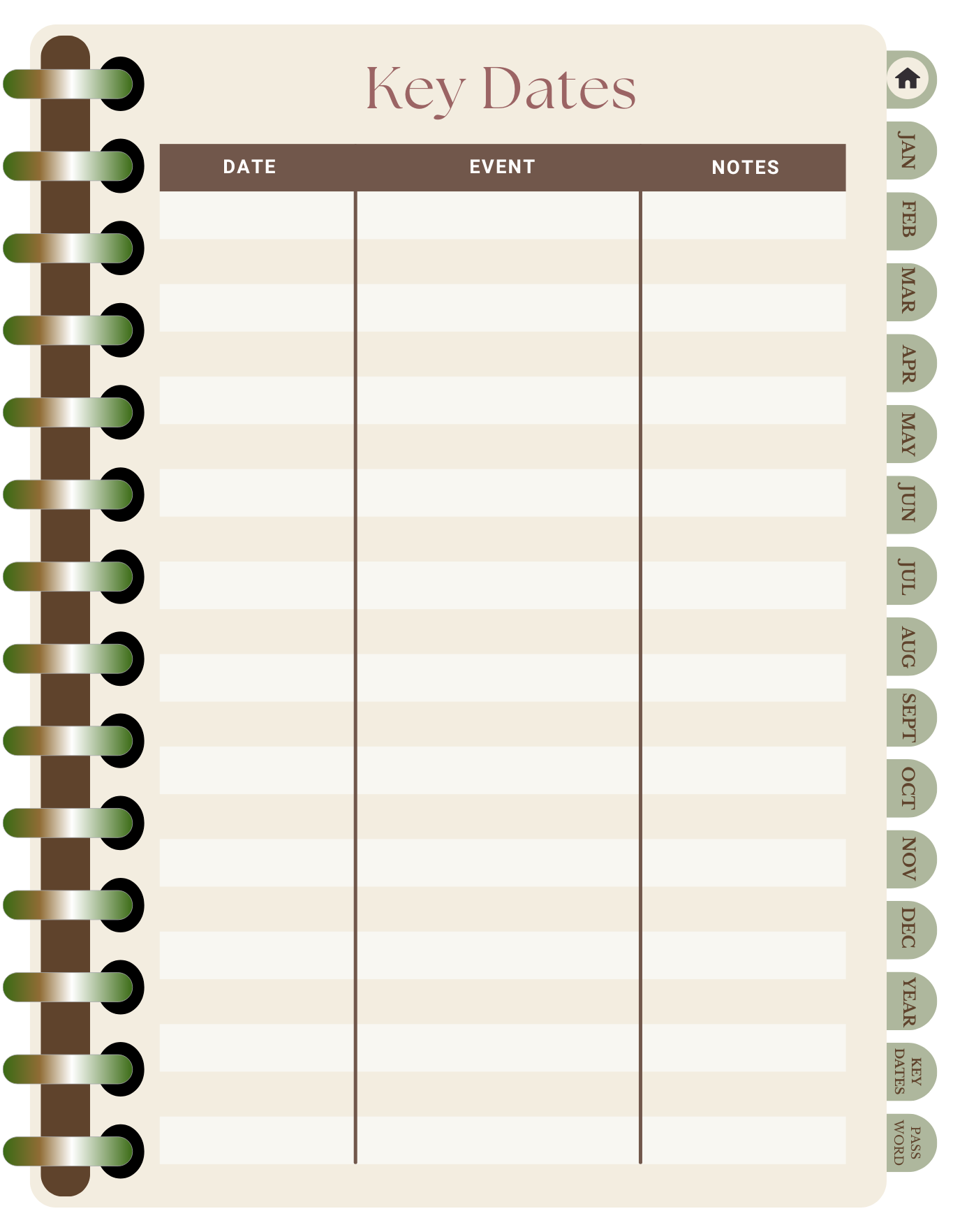 Calendar planner with 'Key Dates' section on a beige background