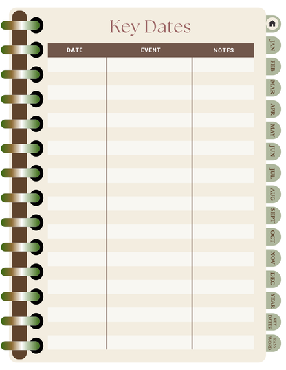 Calendar planner with 'Key Dates' section on a beige background