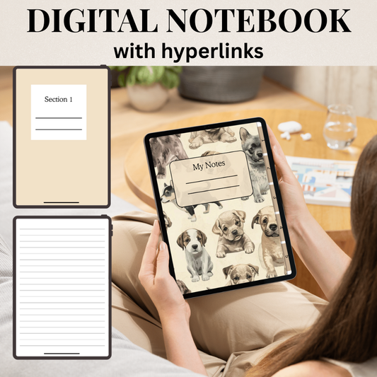Digital notebook with hyperlinks featuring dog illustrations, held by a person on a desk.