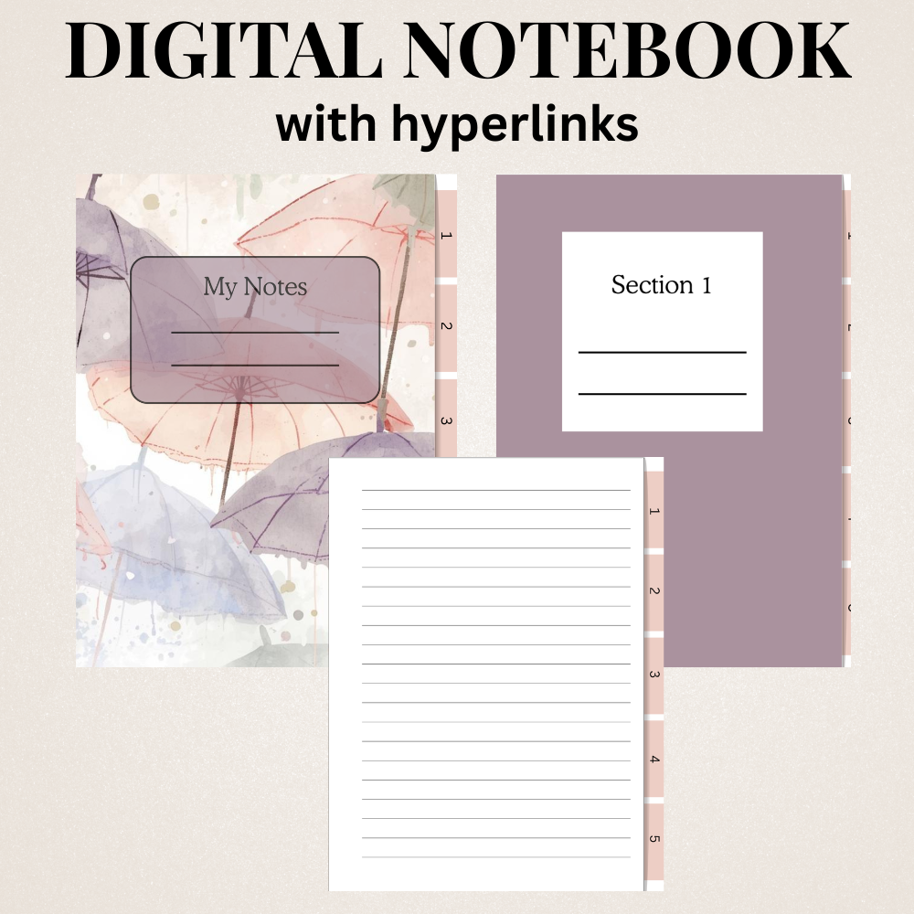 Digital notebook in a water coloured umbrella pattern with hyperlinks design on a beige background