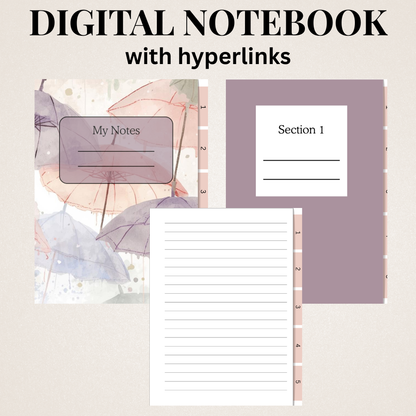 Digital notebook in a water coloured umbrella pattern with hyperlinks design on a beige background