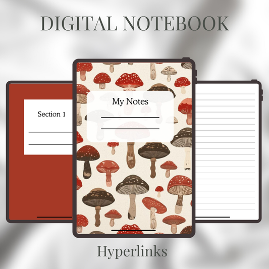 Digital notebook with mushroom pattern on a gray gradient background
