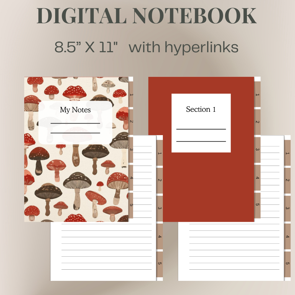 Digital notebooks with mushroom pattern and red cover on a beige background