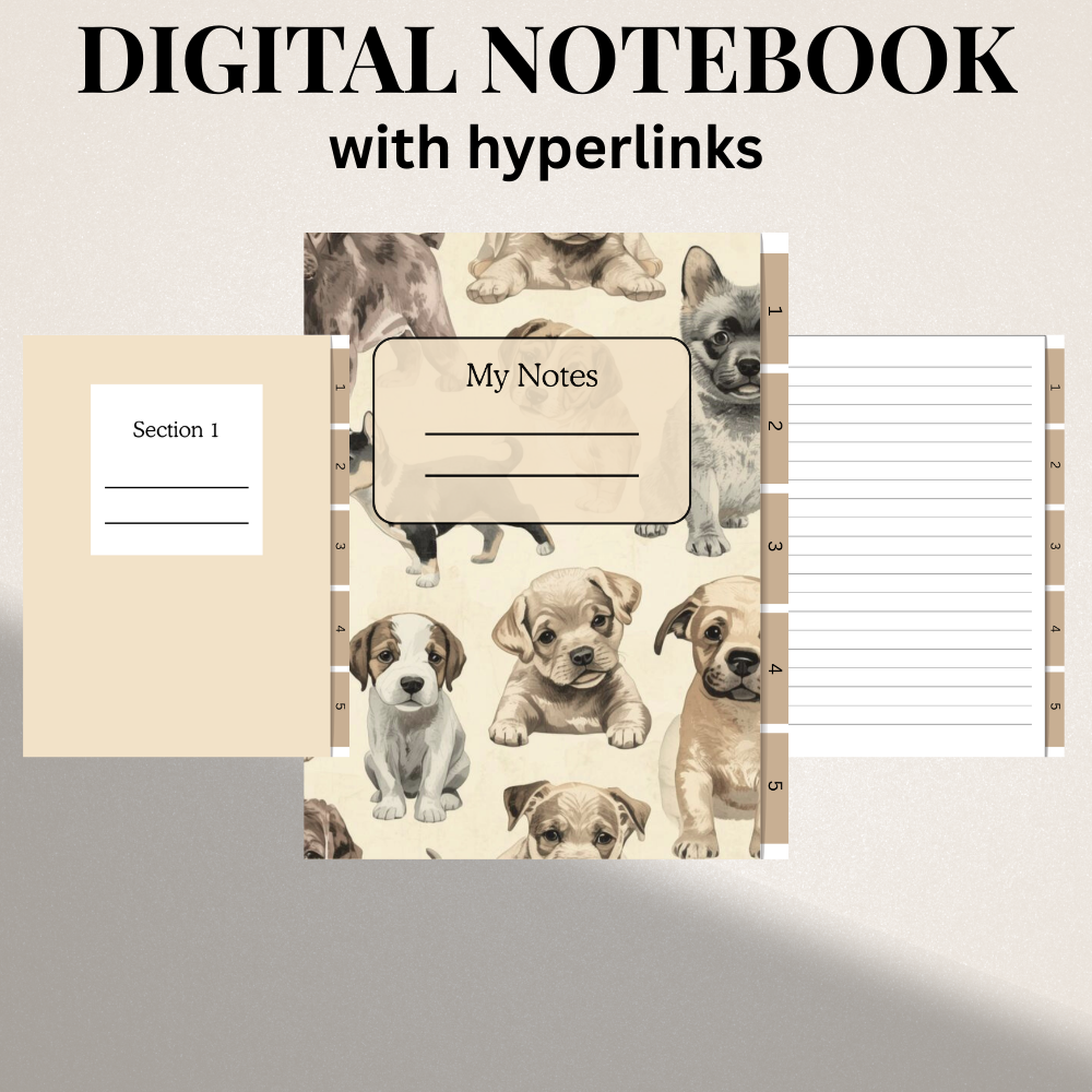 Digital notebook with puppy-themed design on a gray background