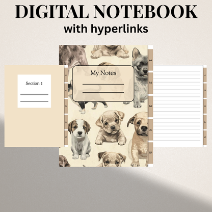 Digital notebook with puppy-themed design on a gray background