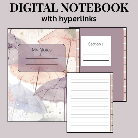 Digital notebook layout with watercoloured umbrella pattern plus  sections and hyperlinks on a light background
