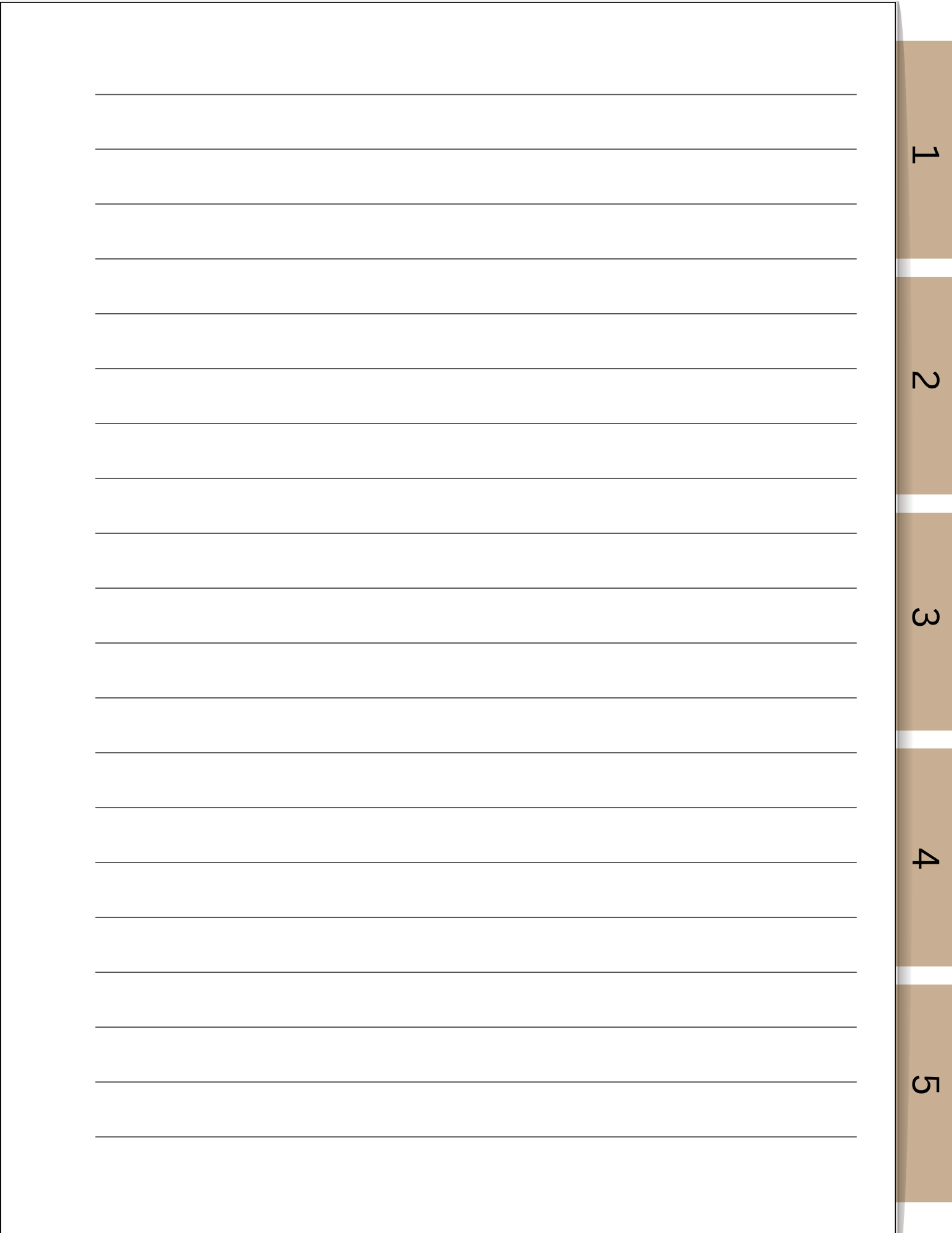 Lined paper with a vertical brown tabs labeled 1-5 on the right sided