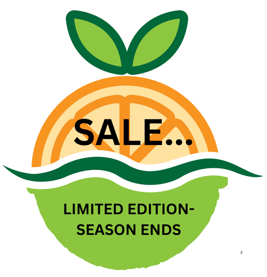 Logo Of orange and green leaf resembling half bathbomb  and half orange slice on a white background. Sale limited edition ends