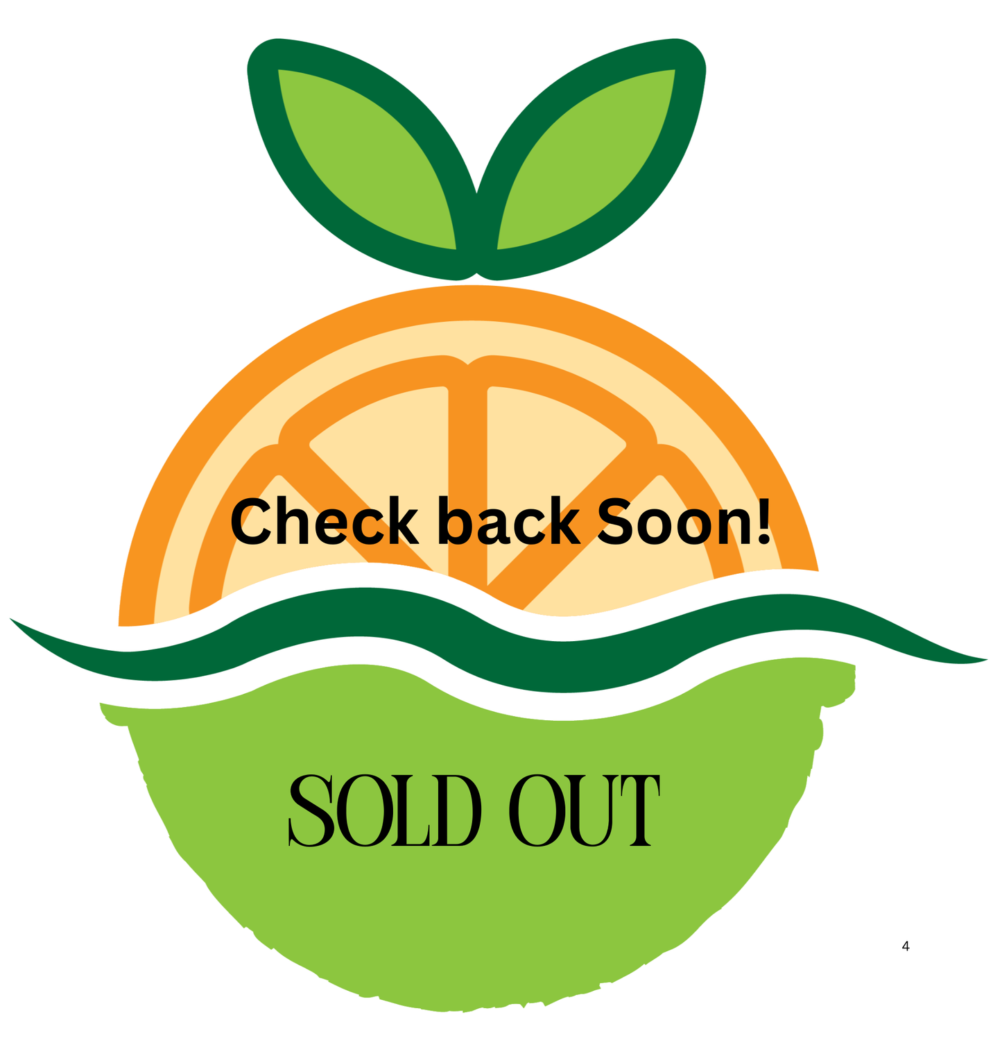 Sliced orange with green leaves and 'Check back soon! Sold out' text on a white background