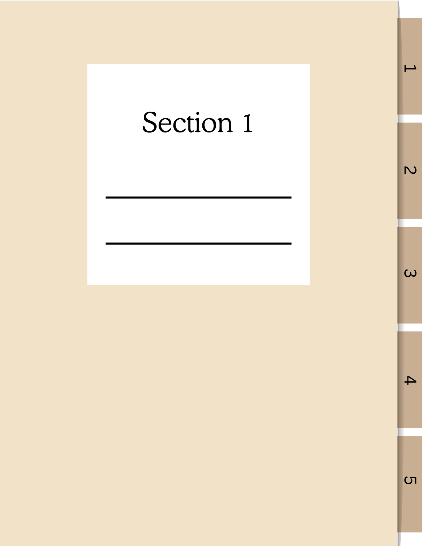 Beige file folder with a white label reading 'Section 1' and a brown tabs labeled 1-5