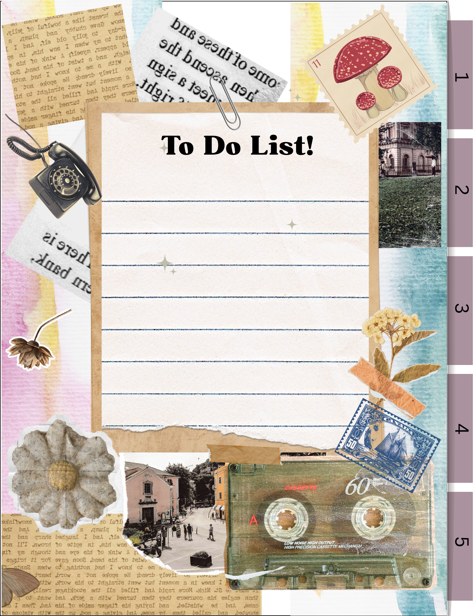 Collage-style To Do List page feature  of a journal and daily planner with text and decorative elements. For Digital planner