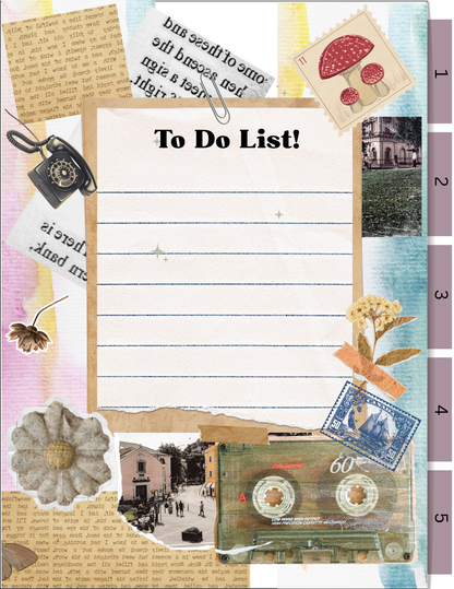 Collage-style To Do List page feature  of a journal and daily planner with text and decorative elements. For Digital planner