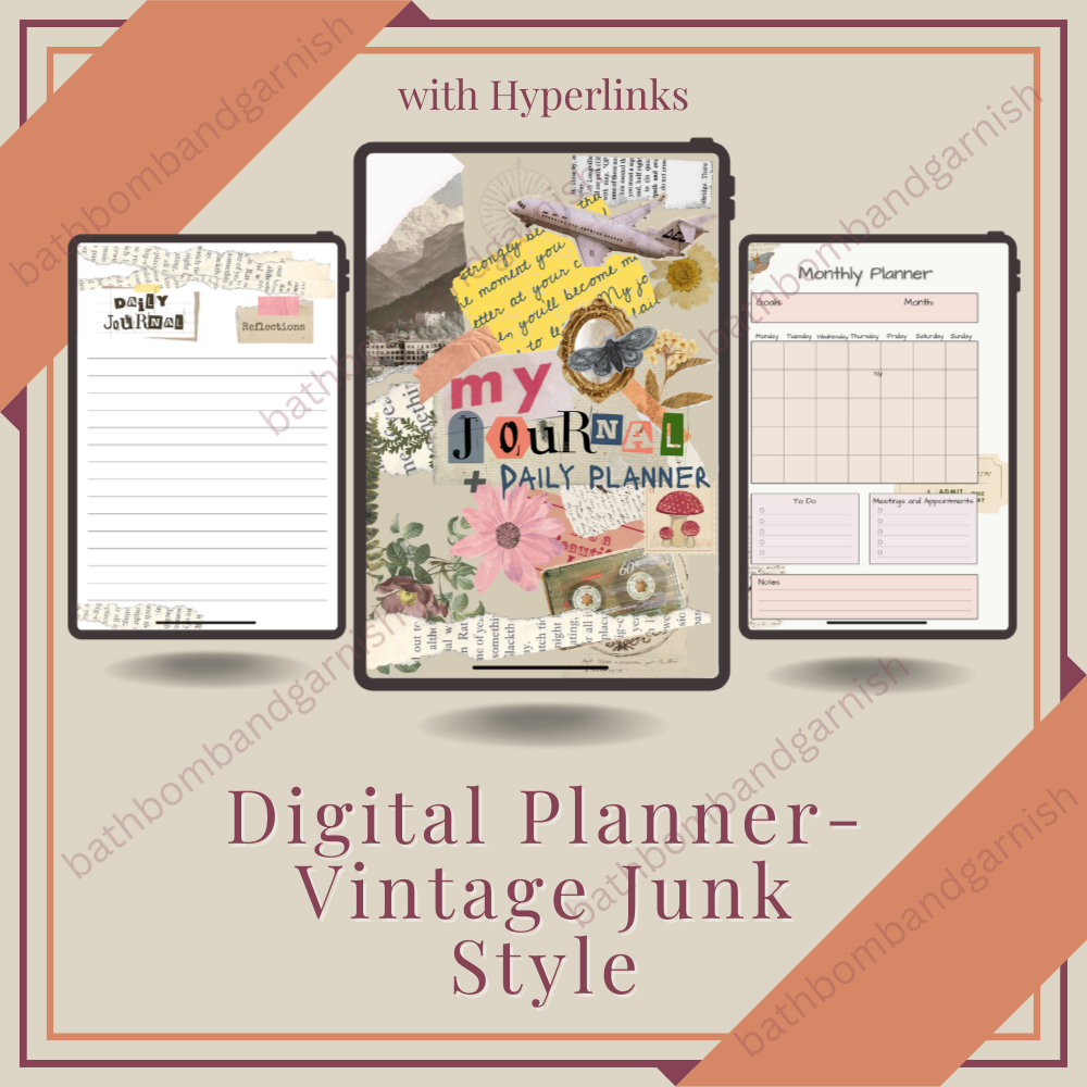 Vintage Style Digital Planner in a junk planner style, beige background watermarked.