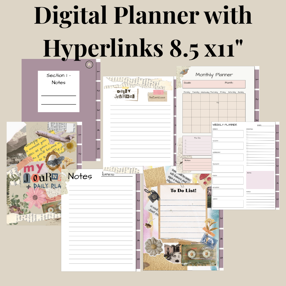 Digital-Vintage-Junk style Journal Planner with hyperlinks 8.5" x11"