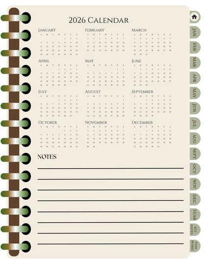 2026 Yearly calender with note section on the bottom